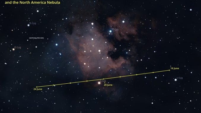 Comet 21P approaching North America Nebula